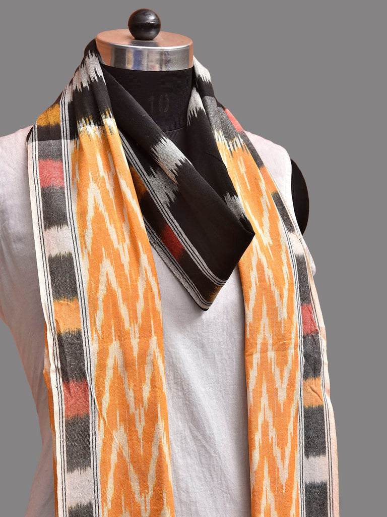 Black and Yellow Pochampally Ikat Cotton Handloom Dupatta with Strips and Zig-Zag Pallu Design ds3918