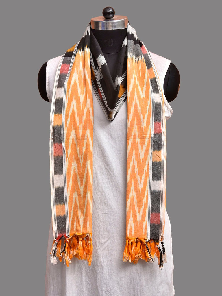 Black and Yellow Pochampally Ikat Cotton Handloom Dupatta with Strips and Zig-Zag Pallu Design ds3918