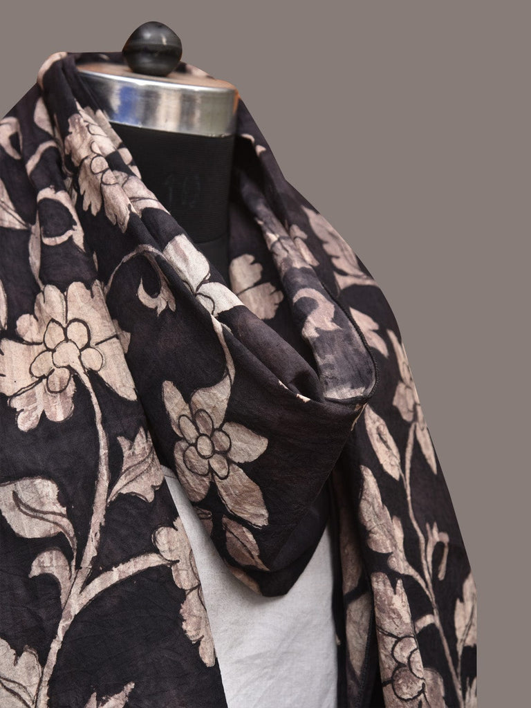Black Kalamkari Hand Painted Sico Stole with Floral Design ds3445