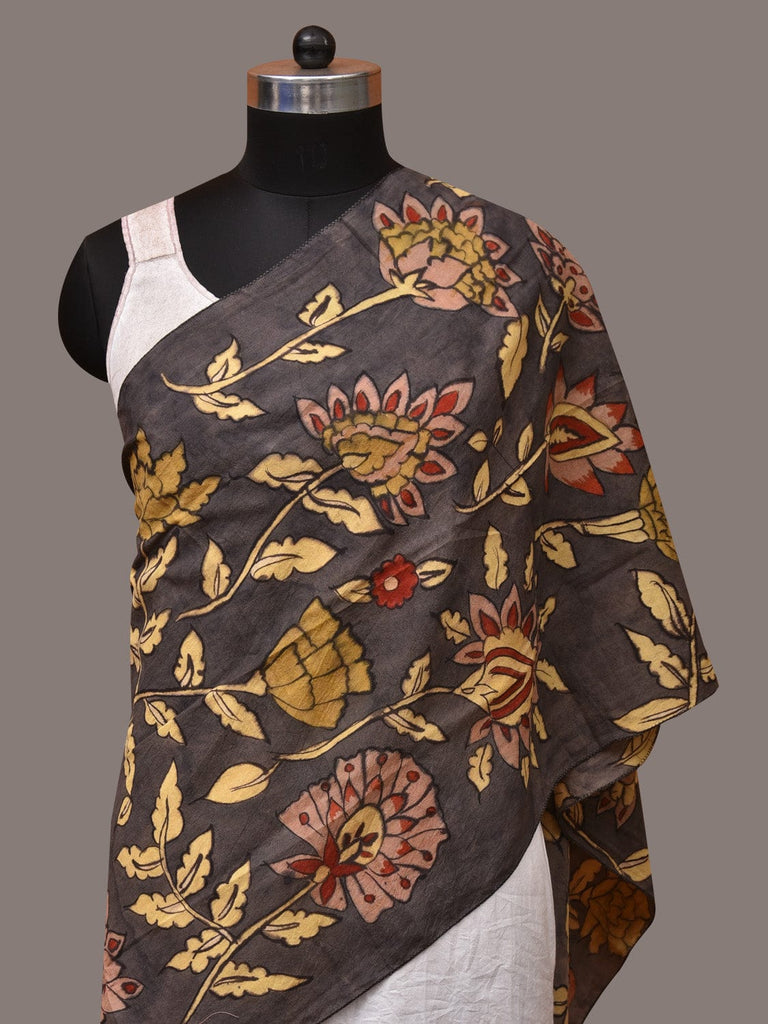 Black Kalamkari Hand Painted Sico Stole with Floral Design ds3527