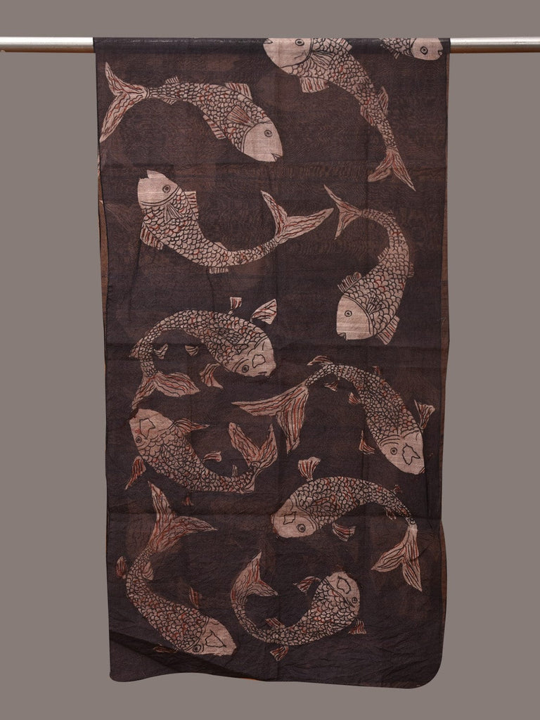 Black Kalamkari Hand Painted Tussar Cotton Handloom Stole with Fishes Design ds3525