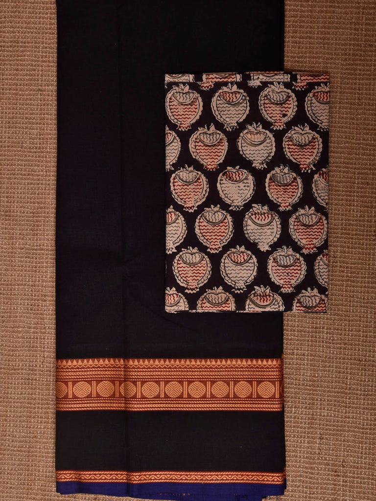 Black Kanchipuram Cotton Plain Saree with Strips Pallu Design and Kalamkari Blouse k1002