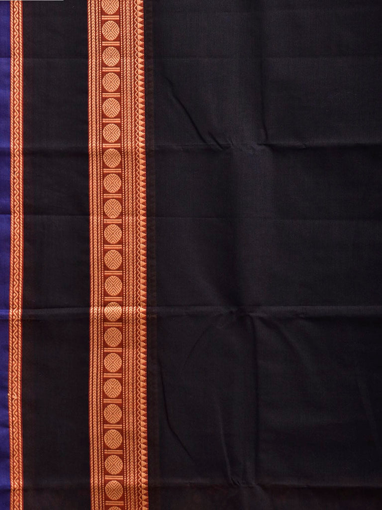 Black Kanchipuram Cotton Plain Saree with Strips Pallu Design and Kalamkari Blouse k1002