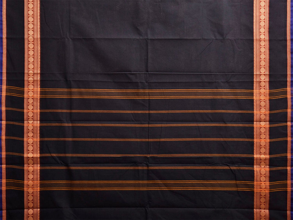 Black Kanchipuram Cotton Plain Saree with Strips Pallu Design and Kalamkari Blouse k1002