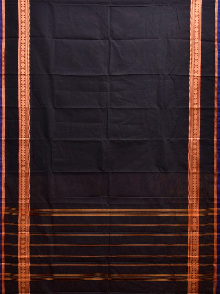 Black Kanchipuram Cotton Plain Saree with Strips Pallu Design and Kalamkari Blouse k1002