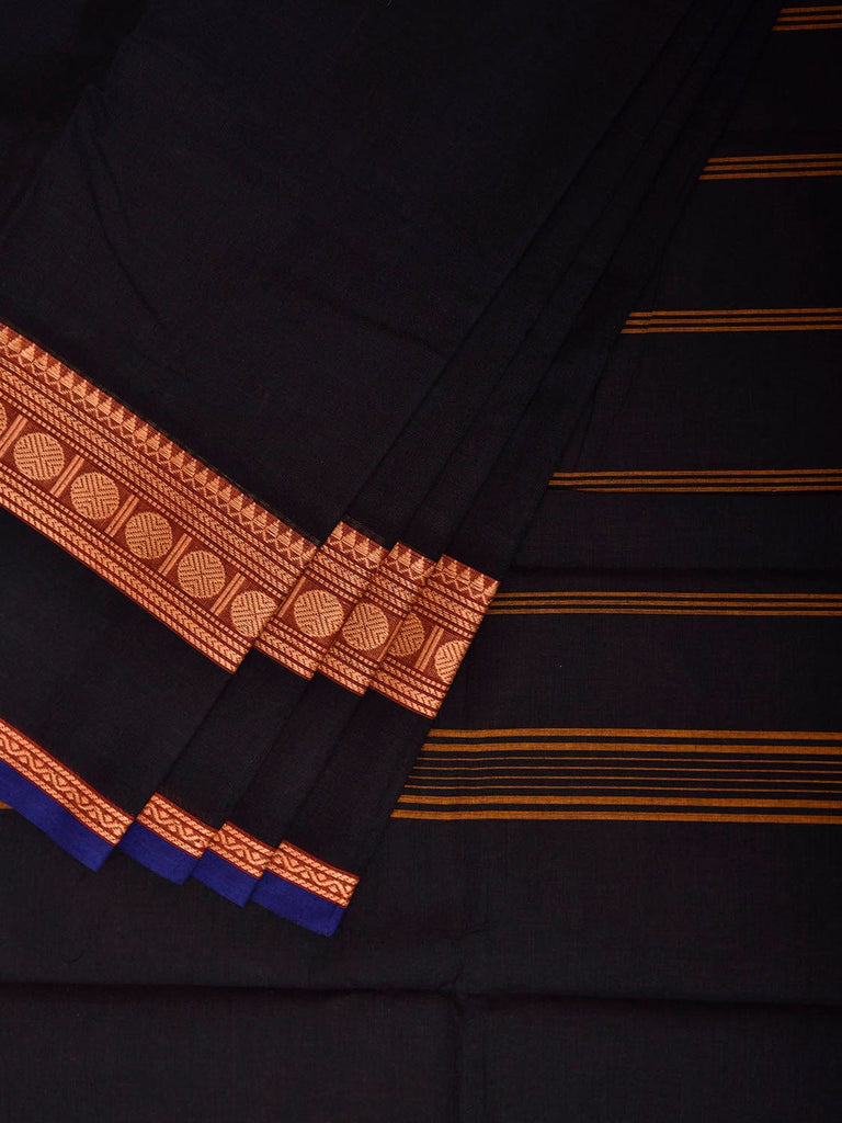 Black Kanchipuram Cotton Plain Saree with Strips Pallu Design and Kalamkari Blouse k1002