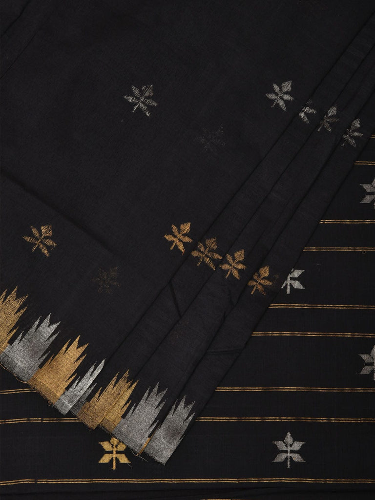 Black Khadi Cotton Handloom Saree Saree with Buta and Temple Border Design kh0604
