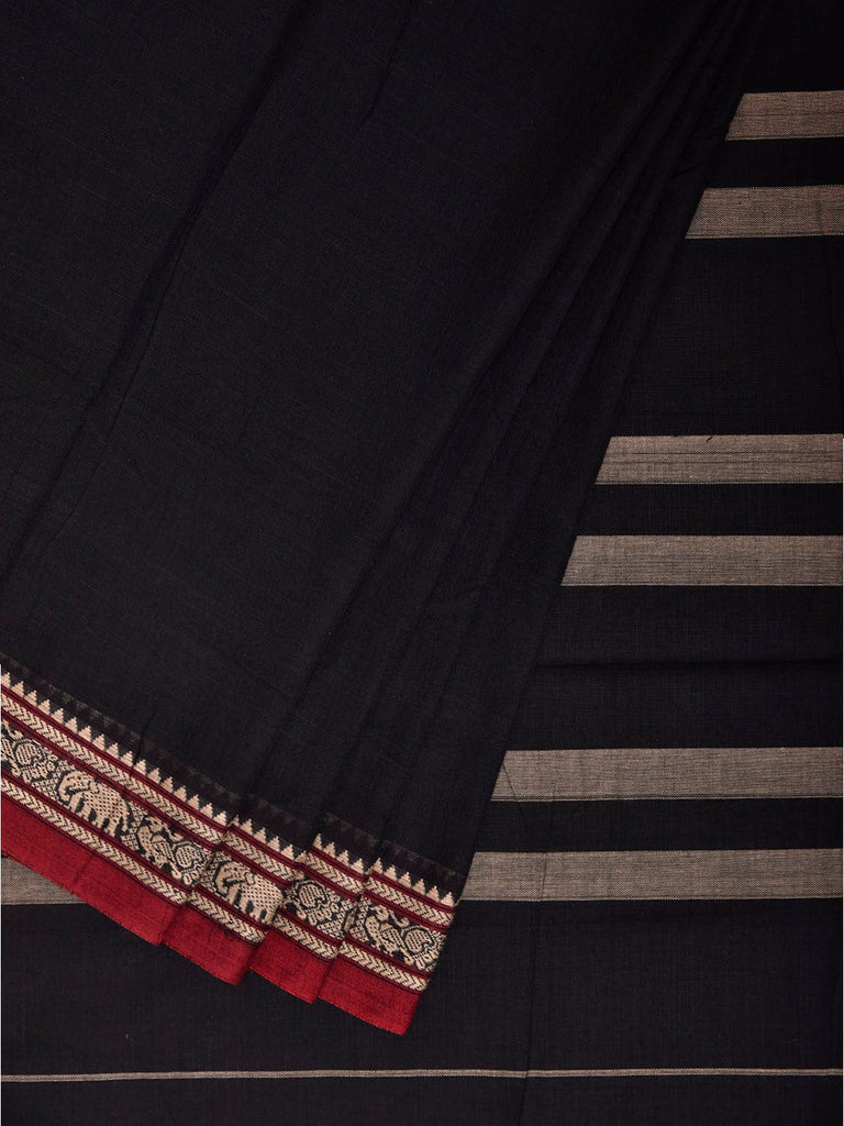 Black Narayanpet Cotton Plain Saree with Border and Strips Pallu Design No Blouse np1370