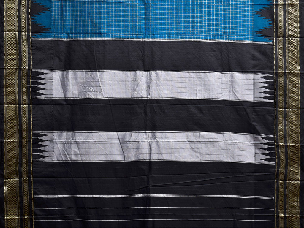 Blue and Black ilkal Viscose Saree with Checks and Big Temple Border Design il0043