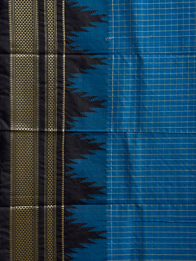 Blue and Black ilkal Viscose Saree with Checks and Big Temple Border Design il0043