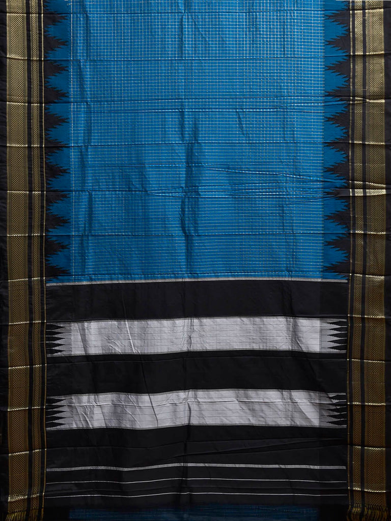 Blue and Black ilkal Viscose Saree with Checks and Big Temple Border Design il0043