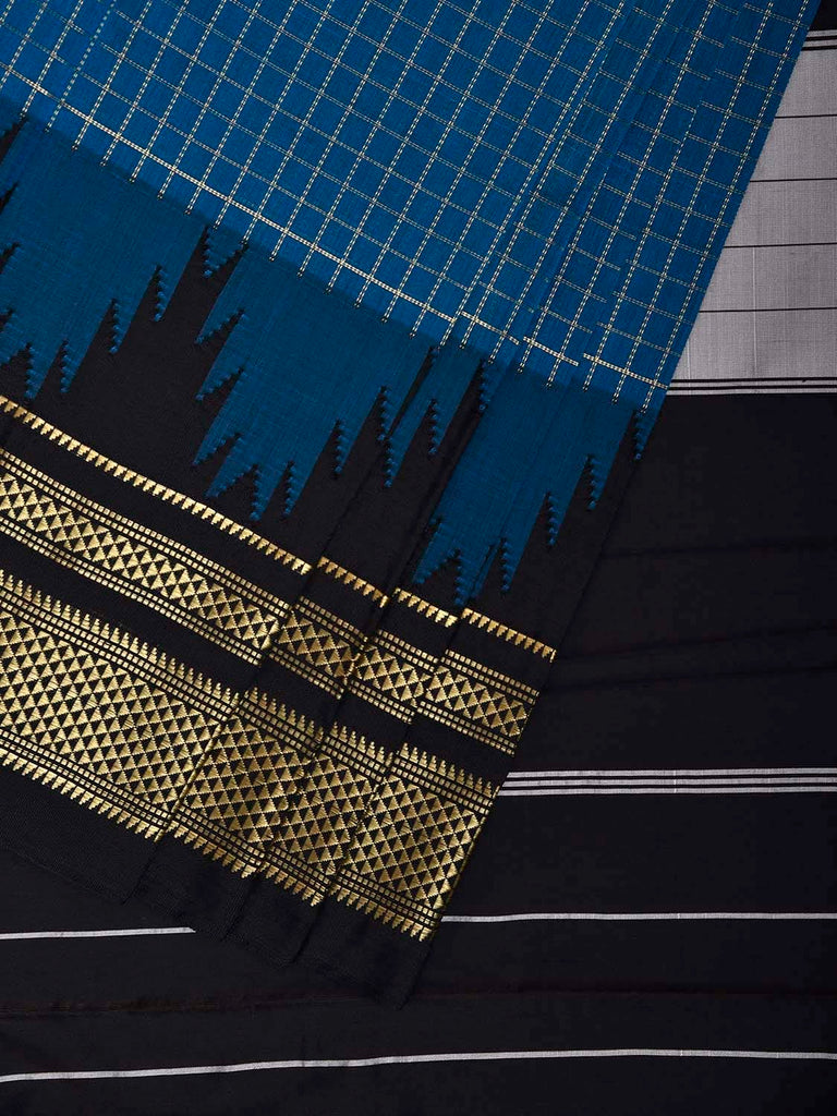 Blue and Black ilkal Viscose Saree with Checks and Big Temple Border Design il0043