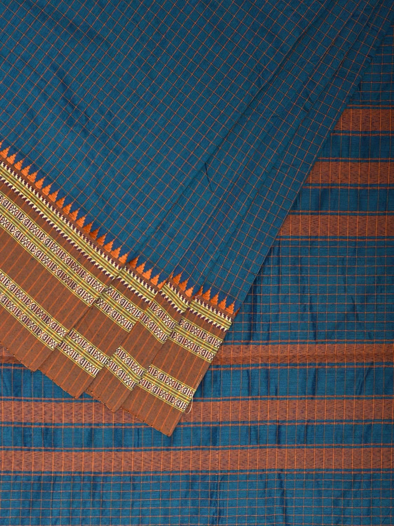 Blue and Fawn Bamboo Cotton Saree with Checks Design No Blouse bc0796