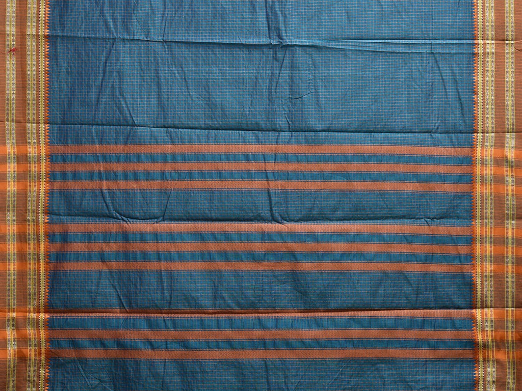 Blue and Fawn Bamboo Cotton Saree with Checks Design No Blouse bc0796