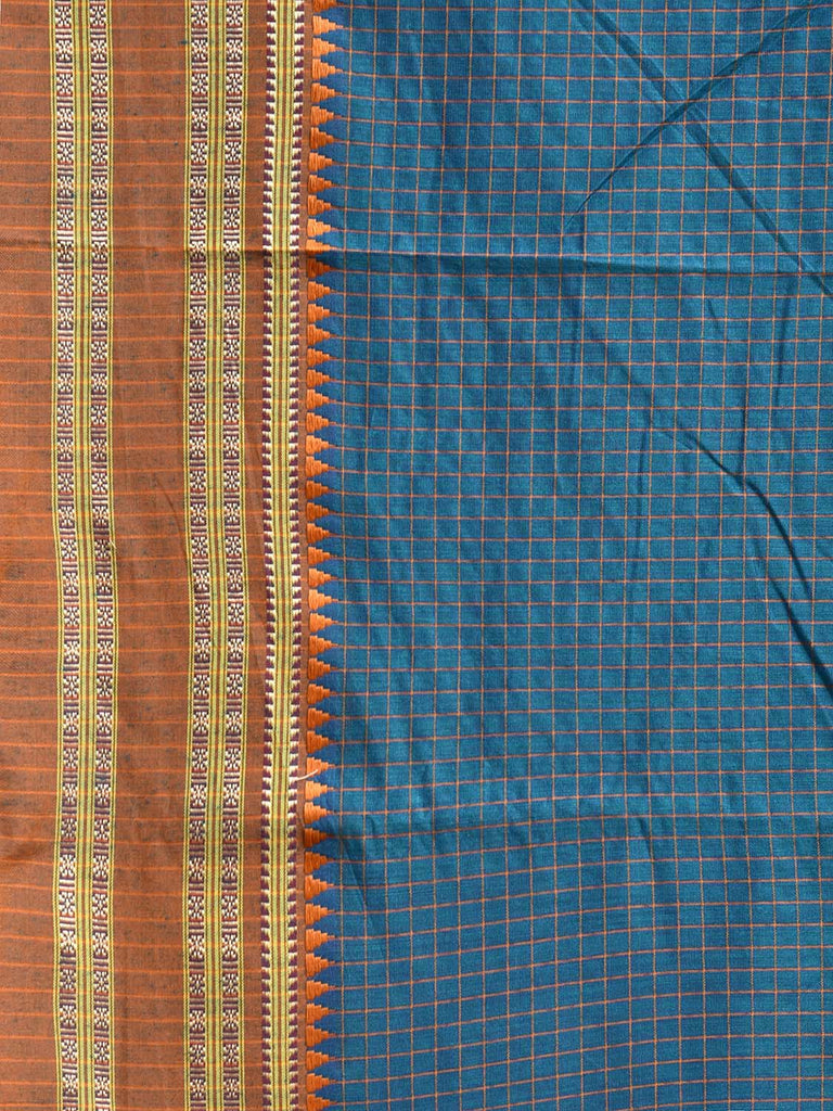 Blue and Fawn Bamboo Cotton Saree with Checks Design No Blouse bc0796