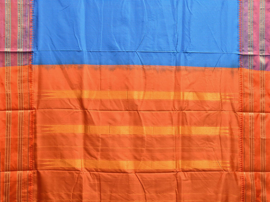 Blue and Orange Narayanpet Silk Handloom Saree with Checks Design No Blouse np1058