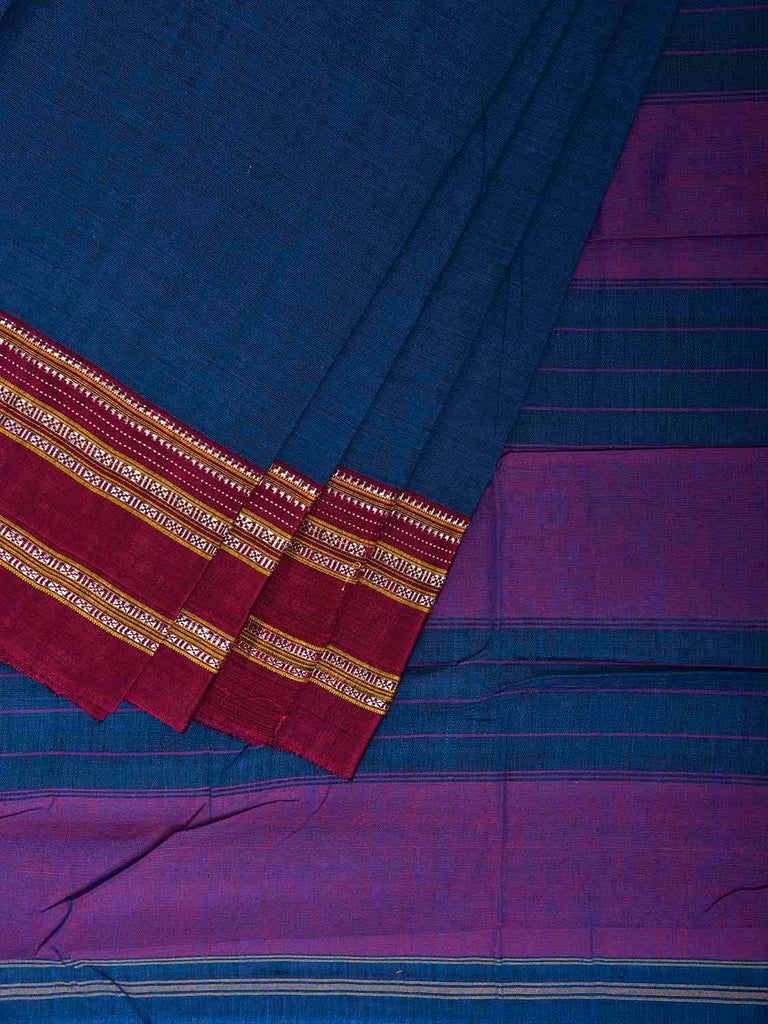 Blue and Pink ilkal Cotton Plain Saree with Strips Pallu Design No Blouse il0049