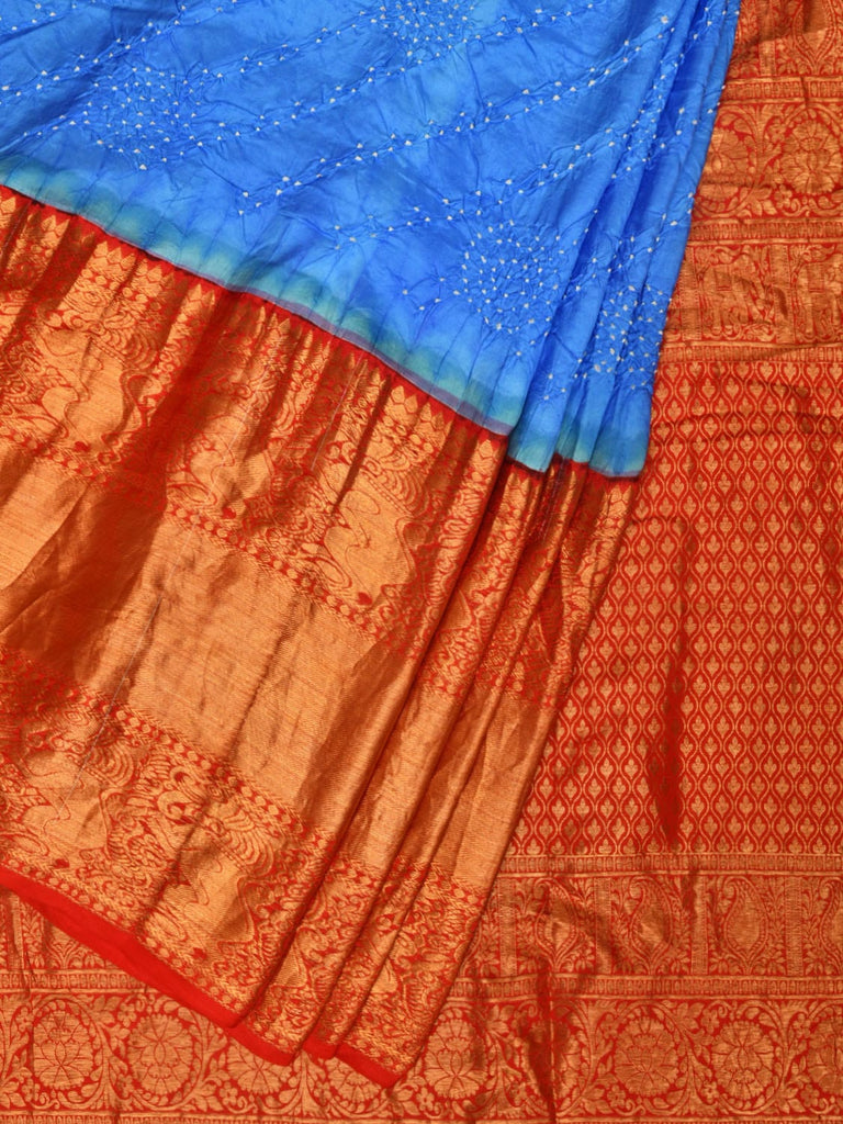 Blue and Red Bandhani Kanchipuram Silk Handloom Saree with Diagonal Design bn0497