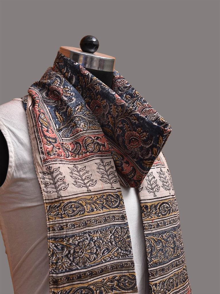 Blue and Red Kalamkari Block Print Tussar Stole with Floral Design ds3764