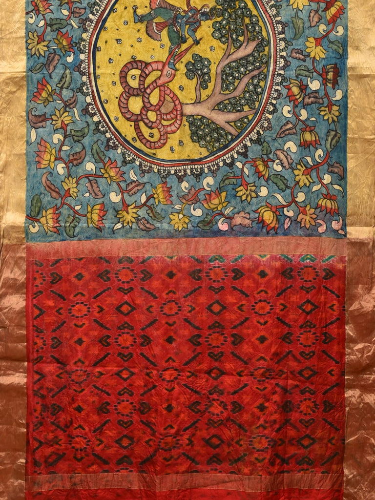 Blue and Red Kalamkari Hand Painted Ikat Silk Handloom Saree with Lotus and Krishna Design KL0768