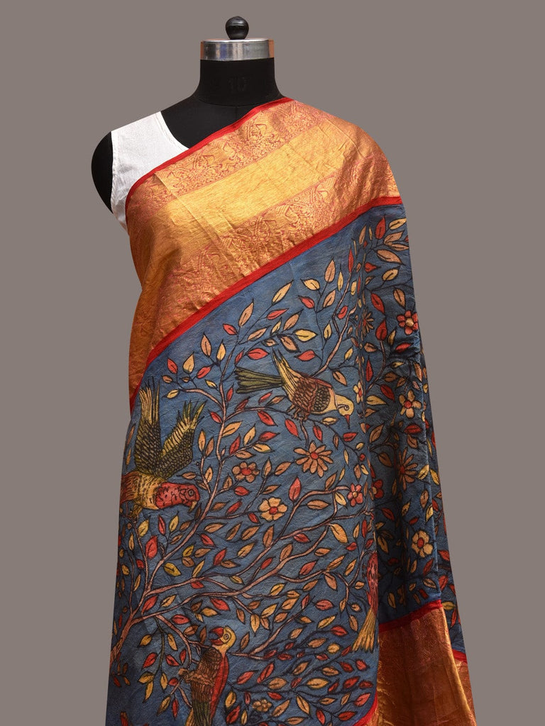 Blue and Red Kalamkari Hand Painted Kanchipuram Silk Handloom Dupatta with Birds and Floral Design ds3572
