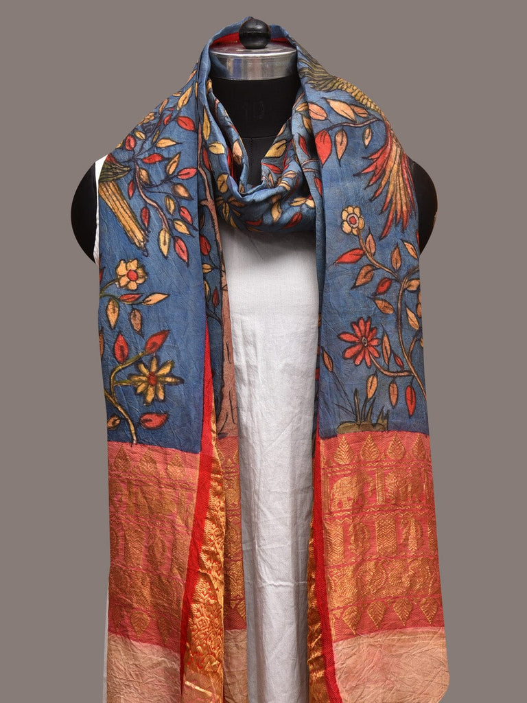 Blue and Red Kalamkari Hand Painted Kanchipuram Silk Handloom Dupatta with Birds and Floral Design ds3572
