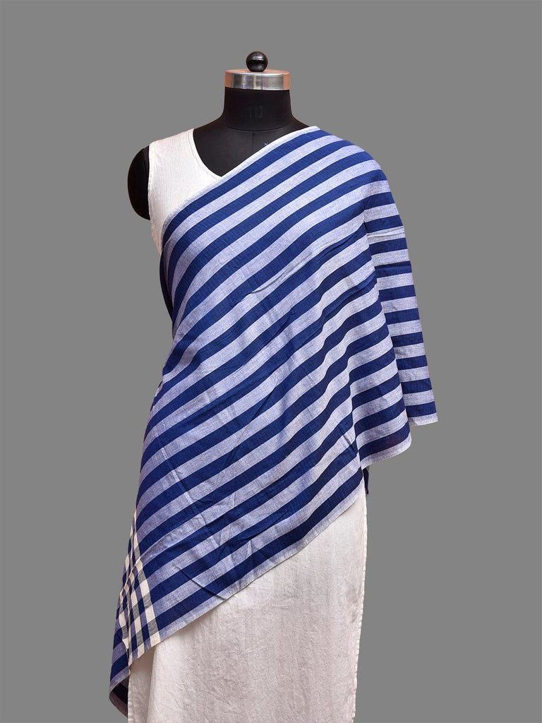 Blue and White Mangalgiri Cotton Stole with Strips Design ds3833