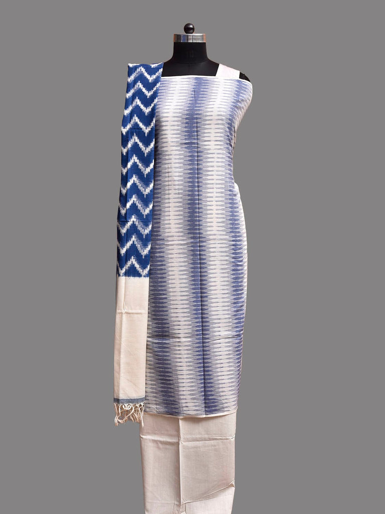 Blue and White Pochampally Ikat Cotton Handloom Dress Material with Top Khadi Bottom and Dupatta dm0103