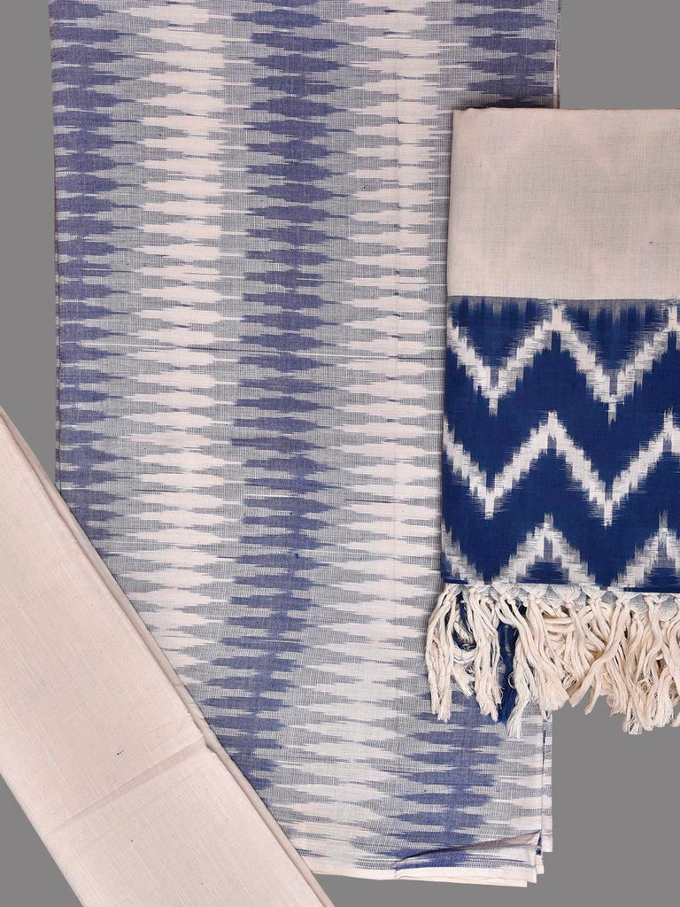 Blue and White Pochampally Ikat Cotton Handloom Dress Material with Top Khadi Bottom and Dupatta dm0103