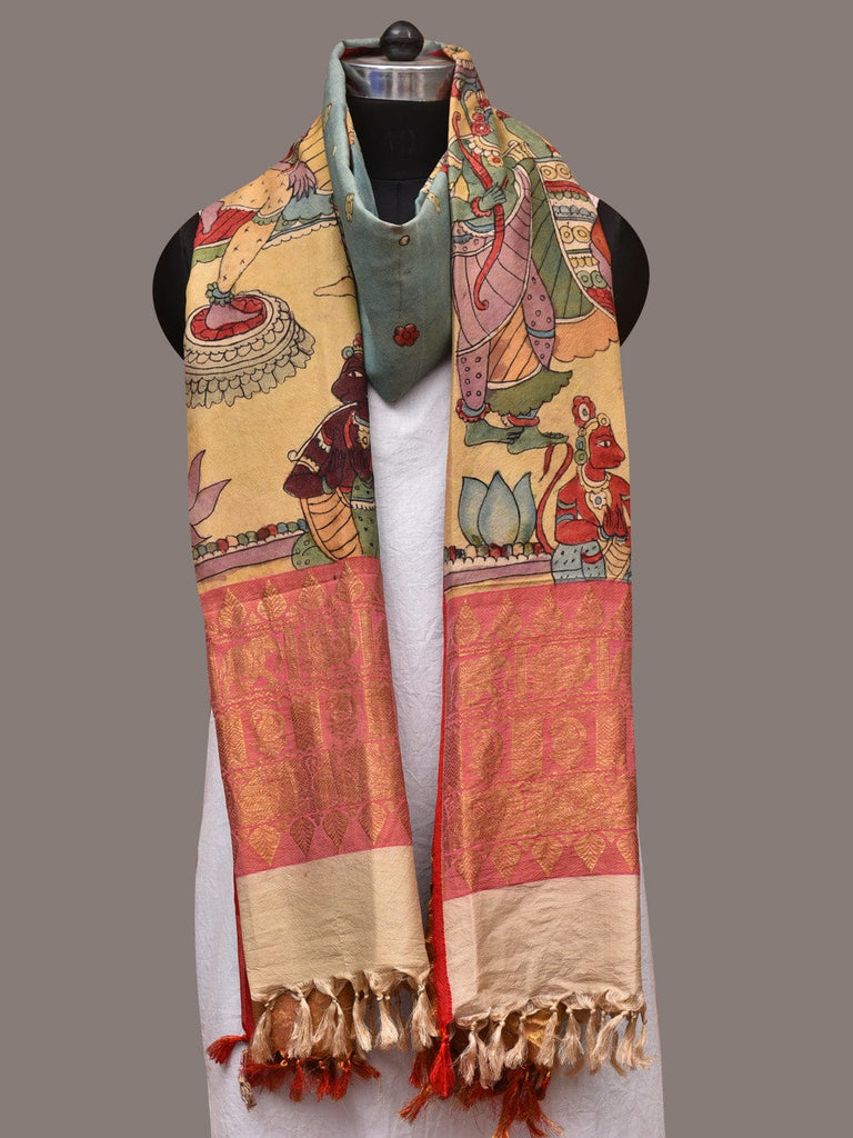 Blue and Yellow Kalamkari Hand Painted Kanchipuram Silk Handloom Dupatta with Ramayana Design ds3425