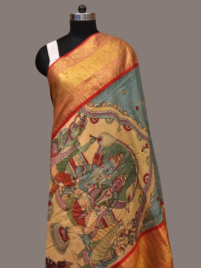 Blue and Yellow Kalamkari Hand Painted Kanchipuram Silk Handloom Dupatta with Ramayana Design ds3425