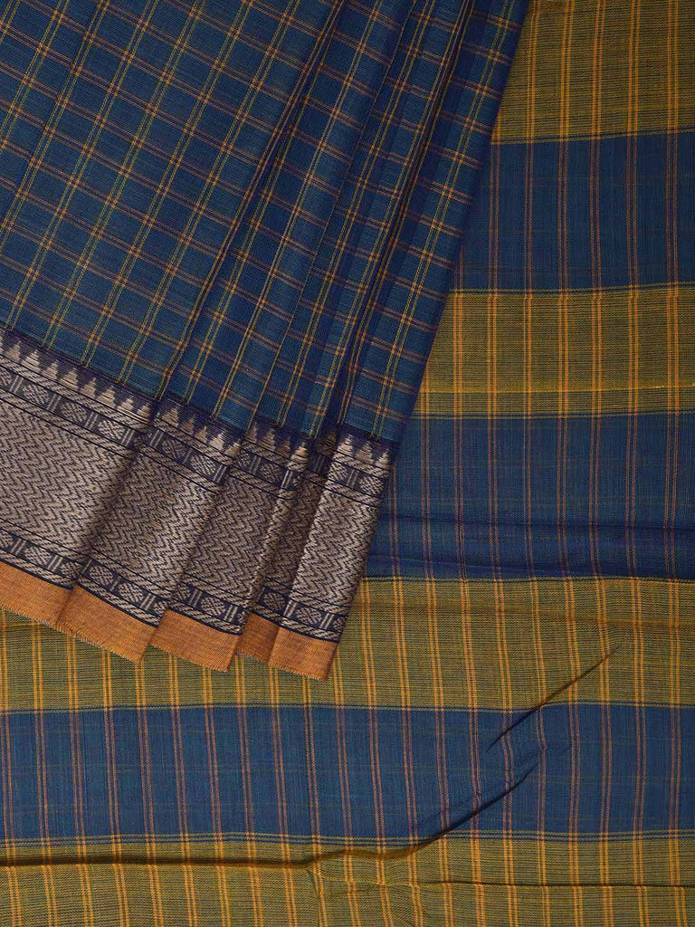 Blue and Yellow Narayanpet Cotton Saree with Checks Design No Blouse np1205