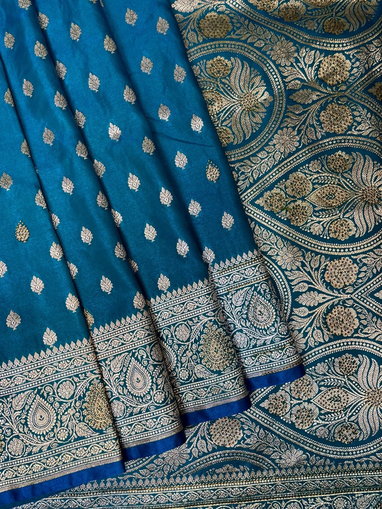 Blue Banaras Katan Silk Saree with Body Butti and Stone Work Design b0382ds