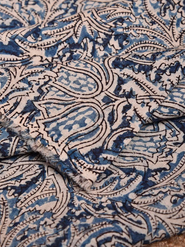 Blue Kalamkari Block Print Cotton Blouse with Bell Flowers Design 1.2mt Length 35 Inches Width BL0078