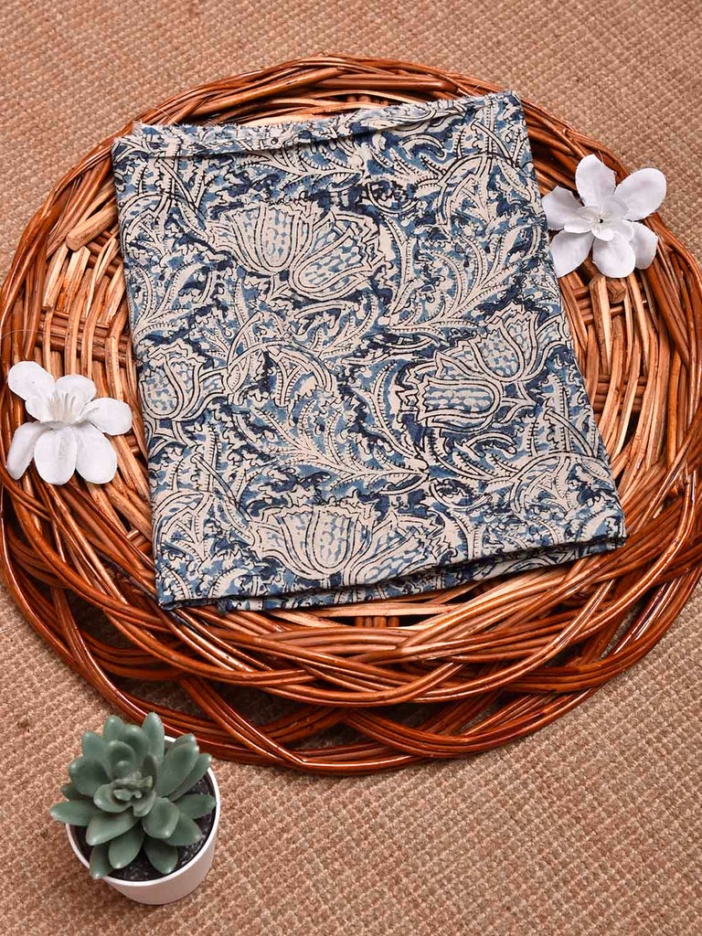 Blue Kalamkari Block Print Cotton Blouse with Bell Flowers Design 1.2mt Length 35 Inches Width BL0078