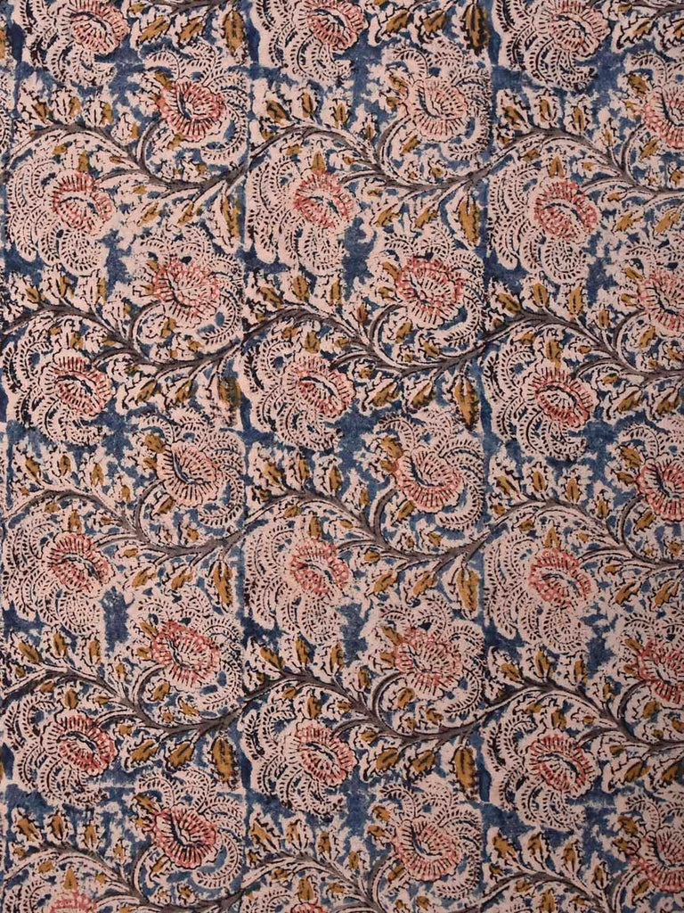 Blue Kalamkari Block Print Cotton Blouse with Floral Design 1.2mt Length 35 Inches Width BL0076