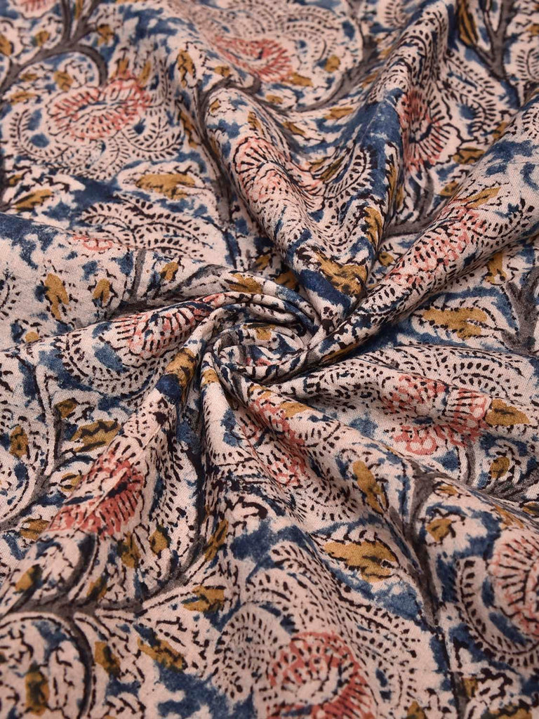 Blue Kalamkari Block Print Cotton Blouse with Floral Design 1.2mt Length 35 Inches Width BL0076