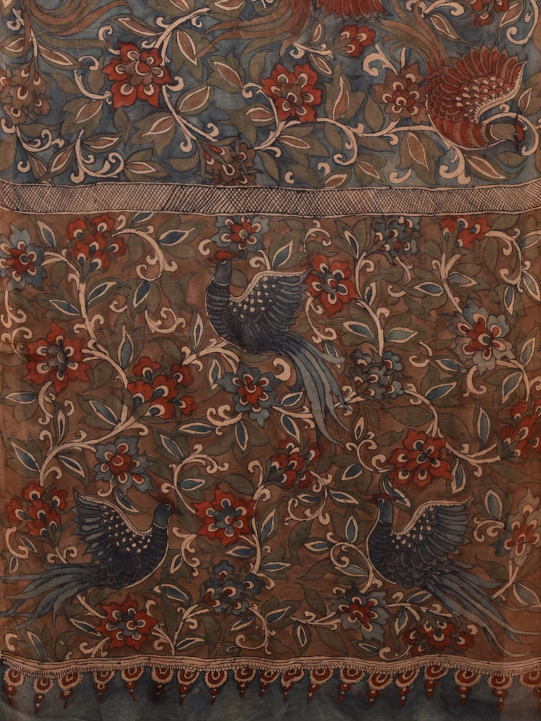 Blue Kalamkari Hand Painted Chiffon Saree with Floral and Birds Design KL0772