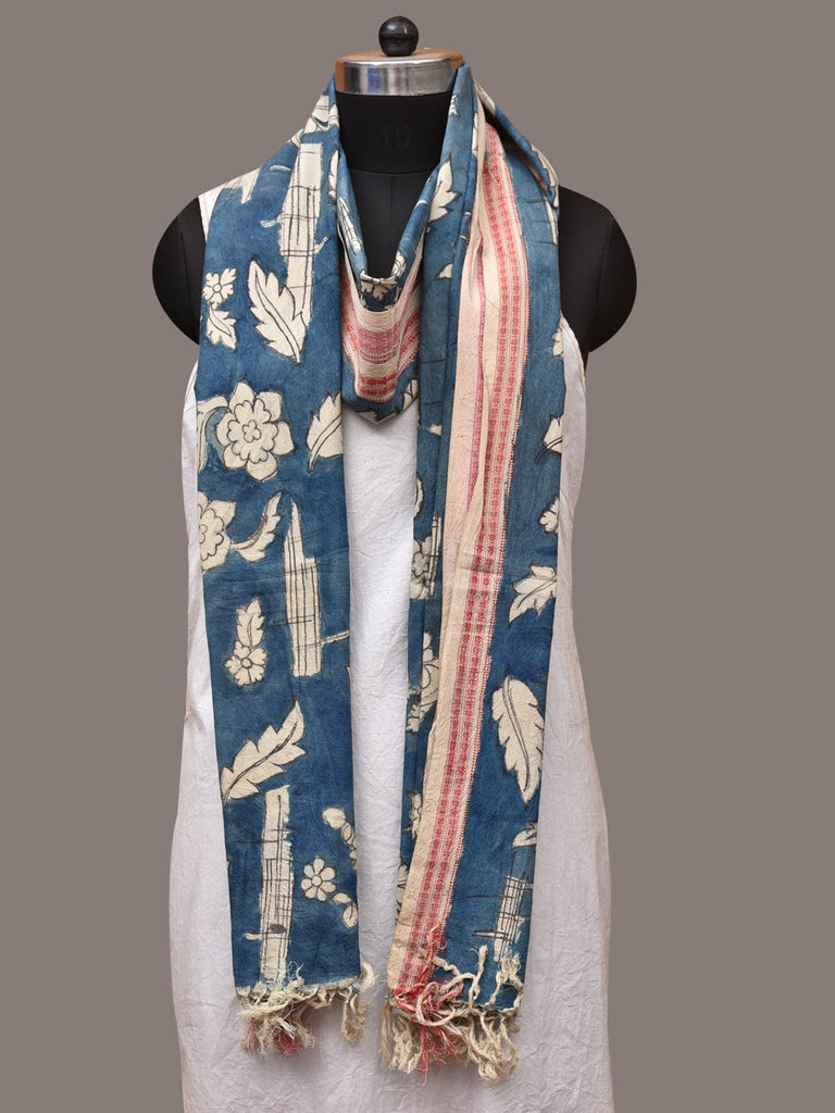 Blue Kalamkari Hand Painted Cotton Handloom Dupatta with Leaves and Doby Border Design ds3457