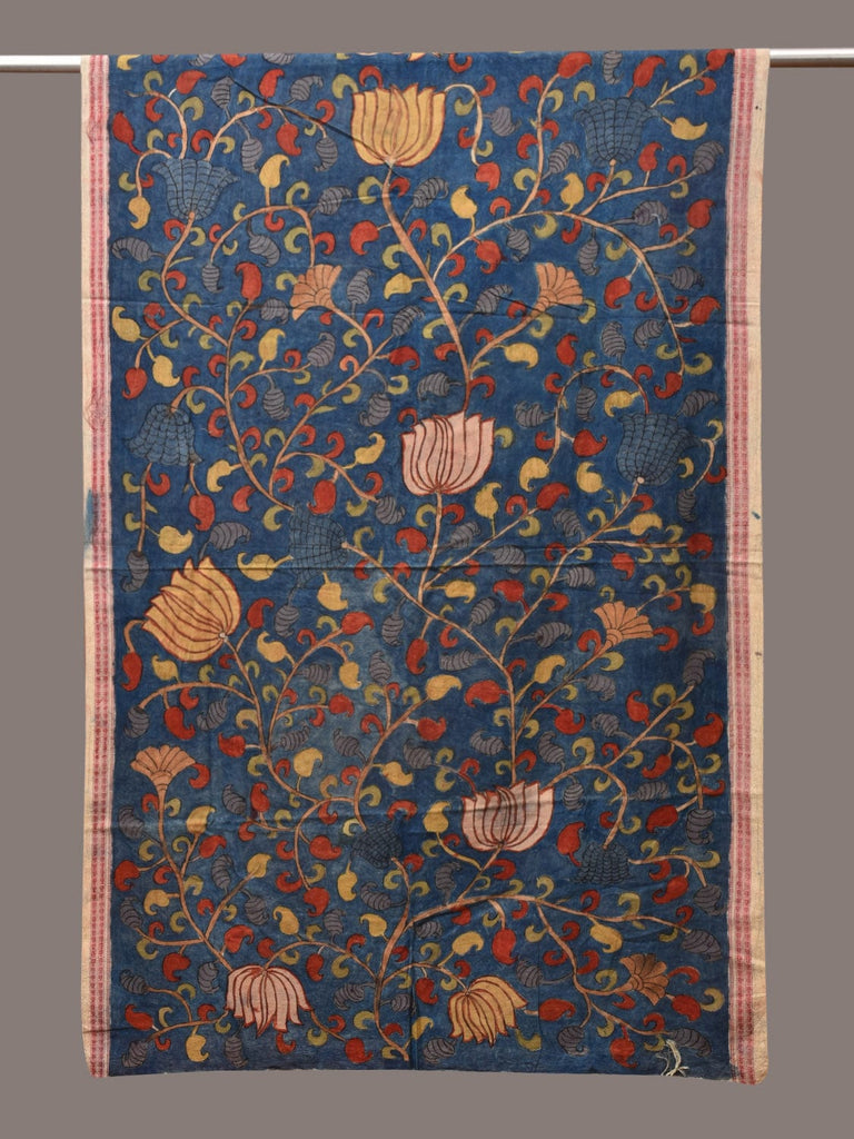 Blue Kalamkari Hand Painted Cotton Handloom Dupatta with Lotus and Doby Border Design ds3455