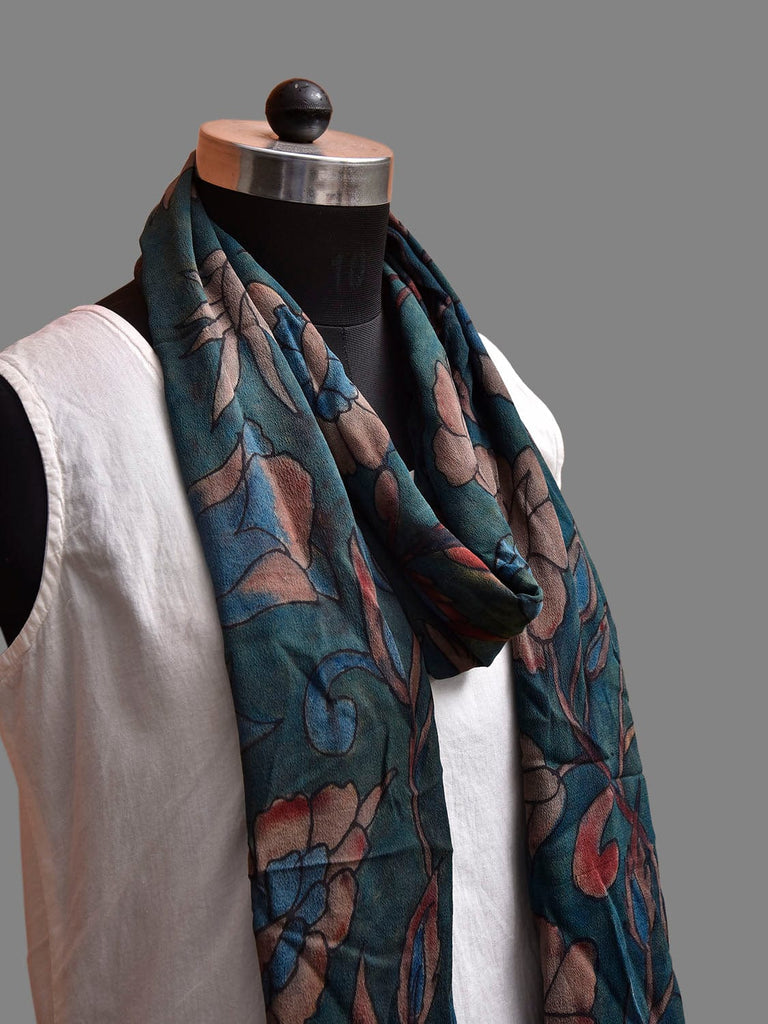 Blue Kalamkari Hand Painted Crepe Stole with Floral Design ds3882