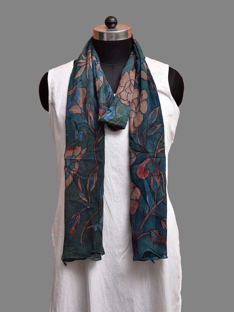 Blue Kalamkari Hand Painted Crepe Stole with Floral Design ds3882
