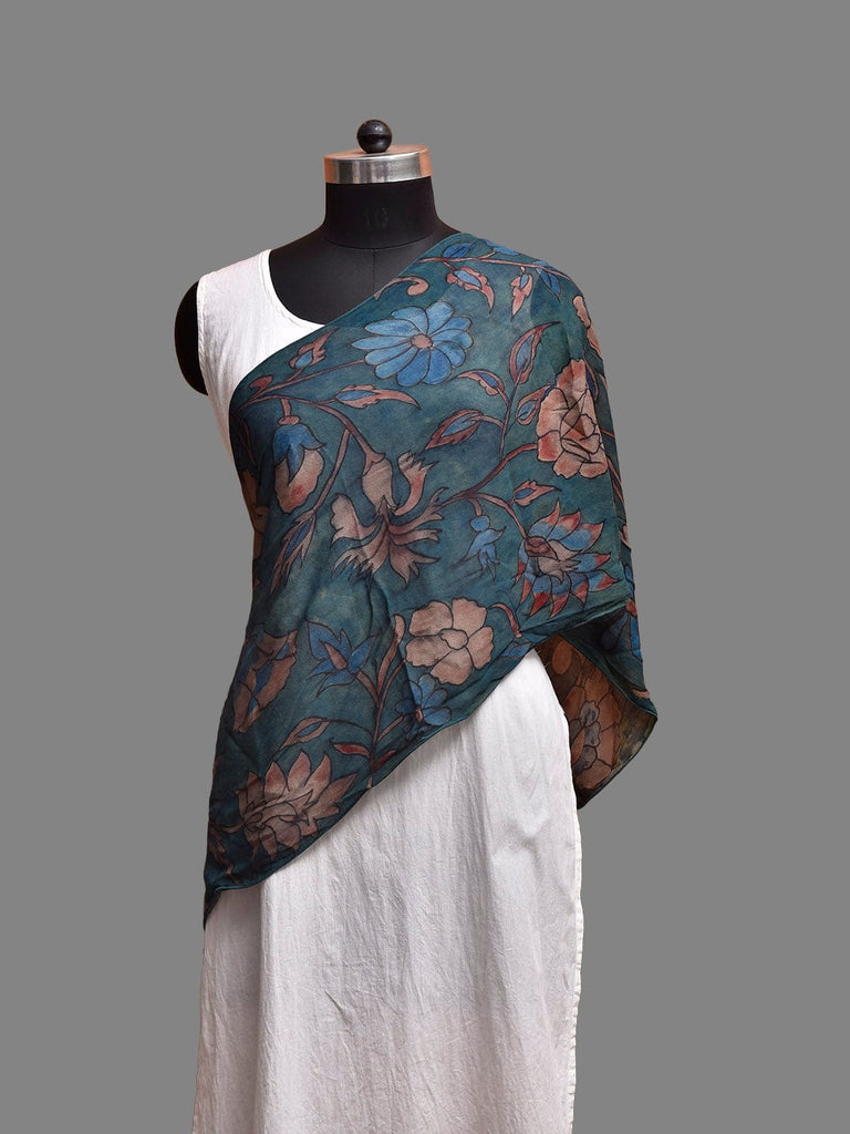 Blue Kalamkari Hand Painted Crepe Stole with Floral Design ds3882