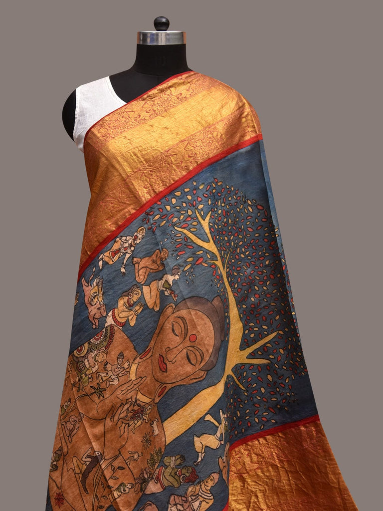 Blue Kalamkari Hand Painted Kanchipuram Silk Handloom Dupatta with Budha Design ds3574