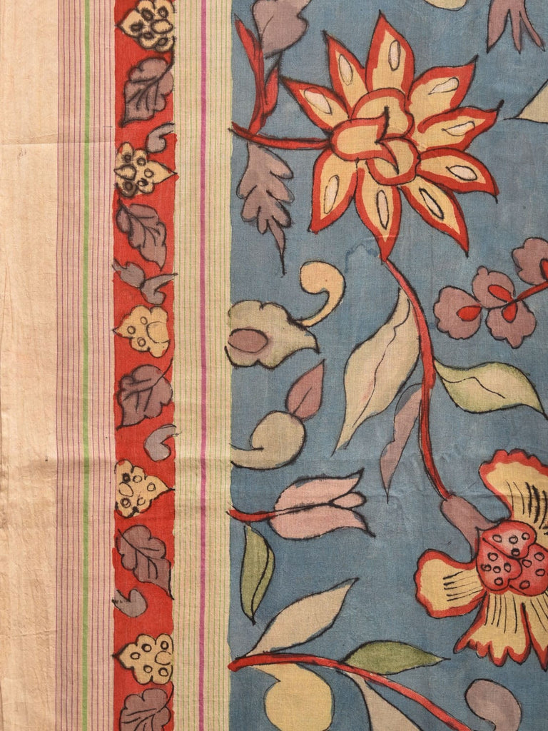 Blue Kalamkari Hand Painted Mangalgiri Cotton Handloom Saree with Floral Design KL0773