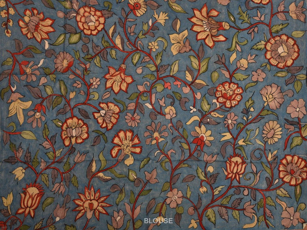 Blue Kalamkari Hand Painted Mangalgiri Cotton Handloom Saree with Floral Design KL0773