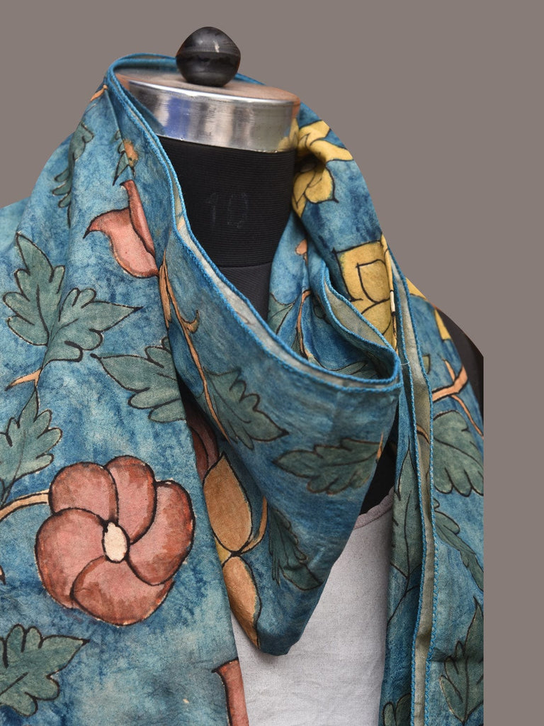 Blue Kalamkari Hand Painted Sico Stole with Floral Design ds3441