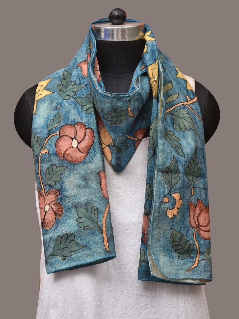 Blue Kalamkari Hand Painted Sico Stole with Floral Design ds3441