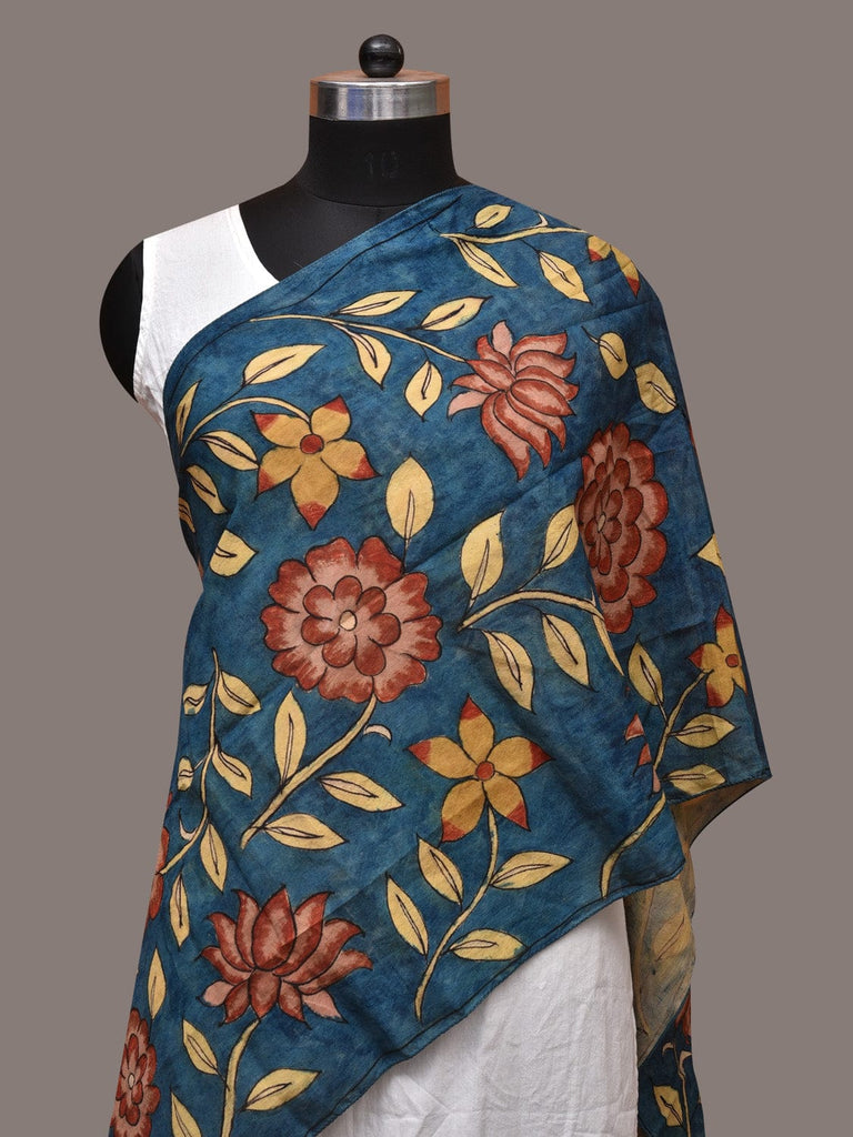 Blue Kalamkari Hand Painted Sico Stole with Floral Design ds3557