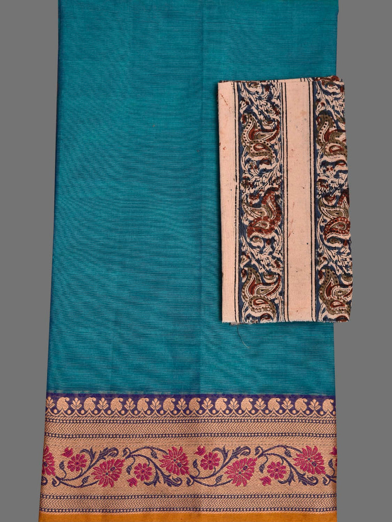 Blue Kanchipuram Cotton Plain Saree with Floral Border Design and Kalamkari Blouse k1000
